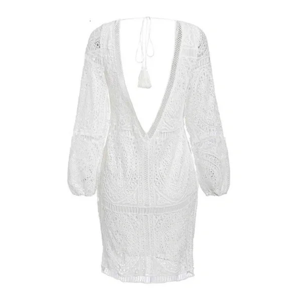 Boho White Low back Tassel Tie Lace dress cover up - Picture 4 of 7